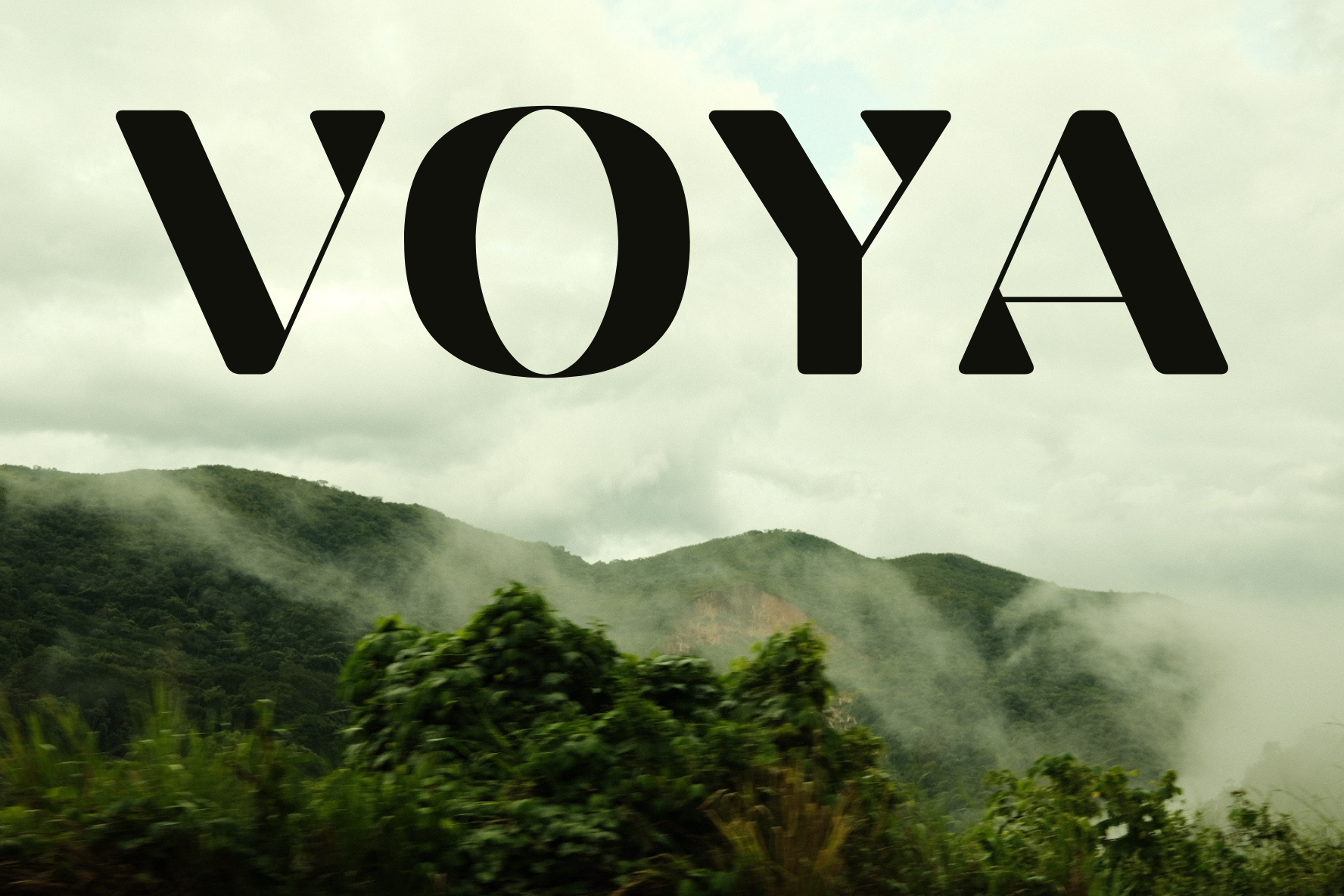 VOYA sobre montañas verdes envueltas en niebla